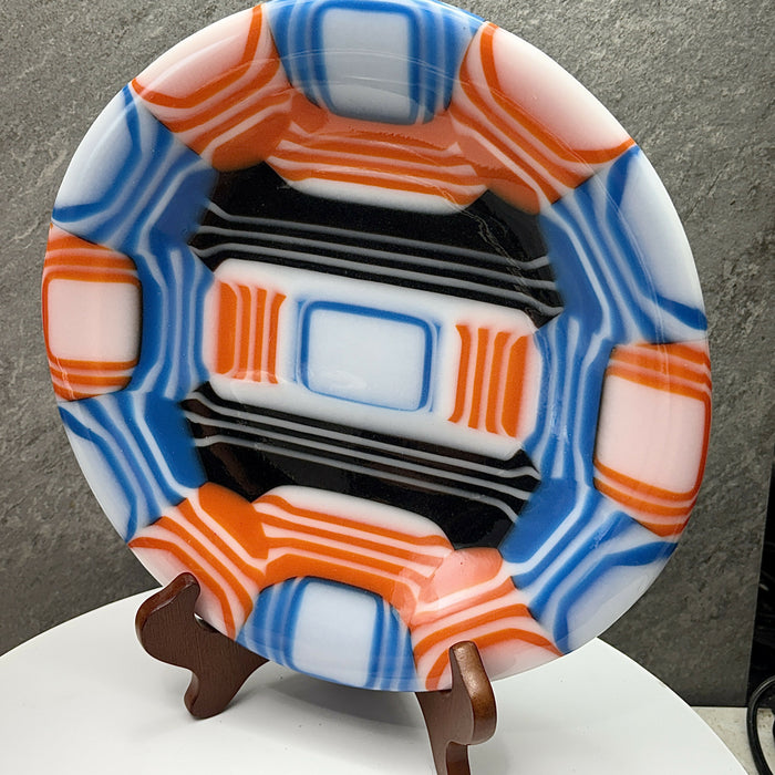 Fused Glass Decorative Plate - Orange, Blue, White, Black