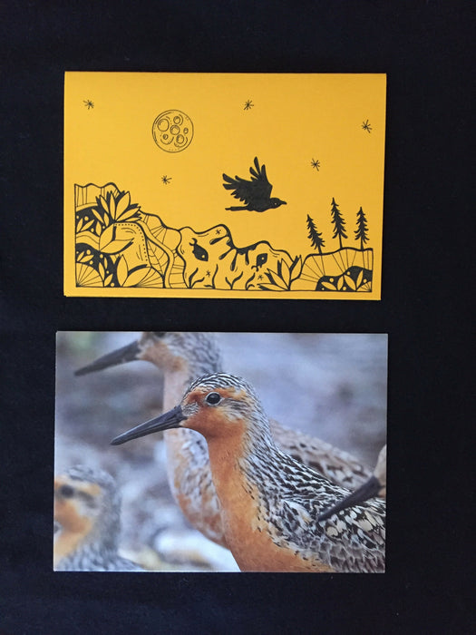 Card features an evening nature scene with a crow and fish on gold-colored paper. Envelope features up-close photograph of sandpipers.