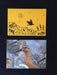 Card features an evening nature scene with a crow and fish on gold-colored paper. Envelope features up-close photograph of sandpipers.