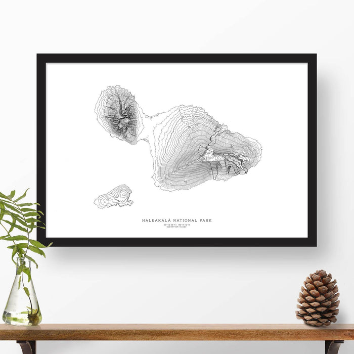 Haleakala National Park topographic map art poster with black frame.