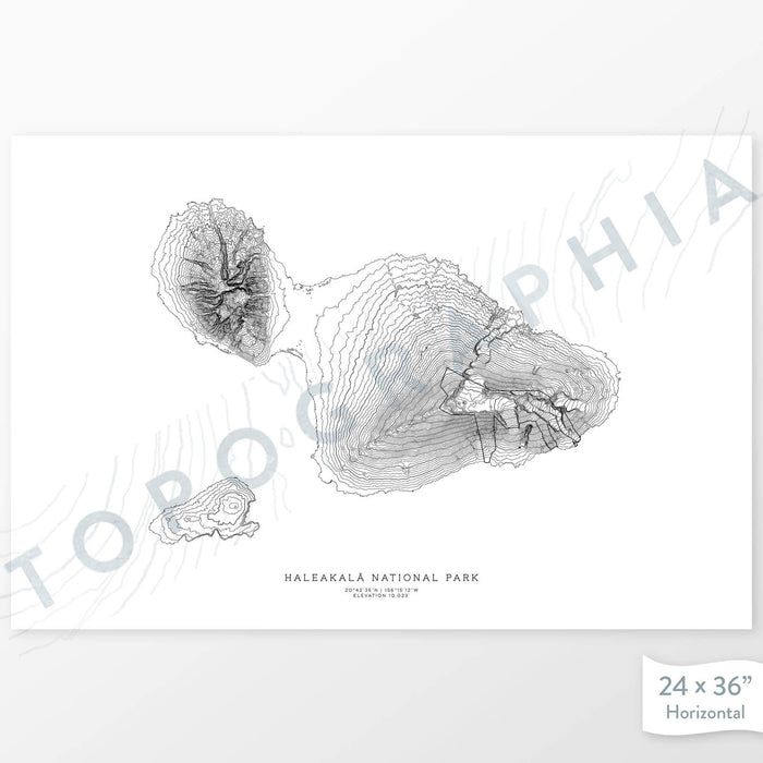 Map wall decor of Haleakala National Park with modern map art in black and white.