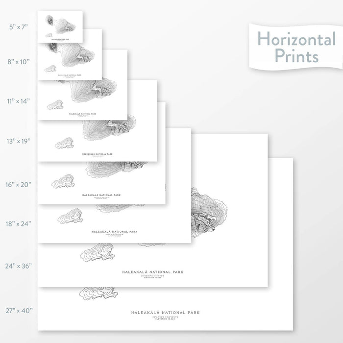 Topographic maps of Haleakala National Park in multiple sizes, available as posters, framed print, and canvas or framed canvas.