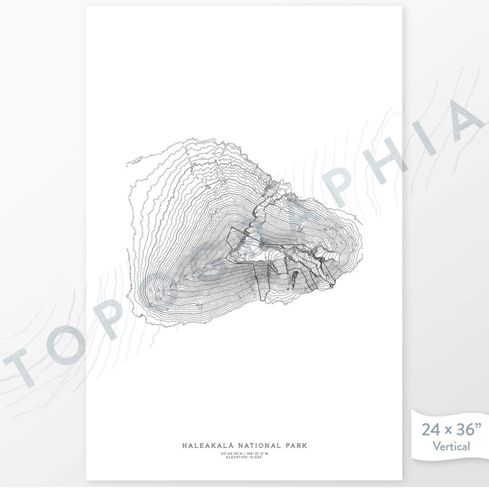 Example art map print of Haleakala National Park. Art uses verticle orientation. Print shows landscape of the area using elevation data. On the artwork is a title and concise info of location and elevation. Custom map decor