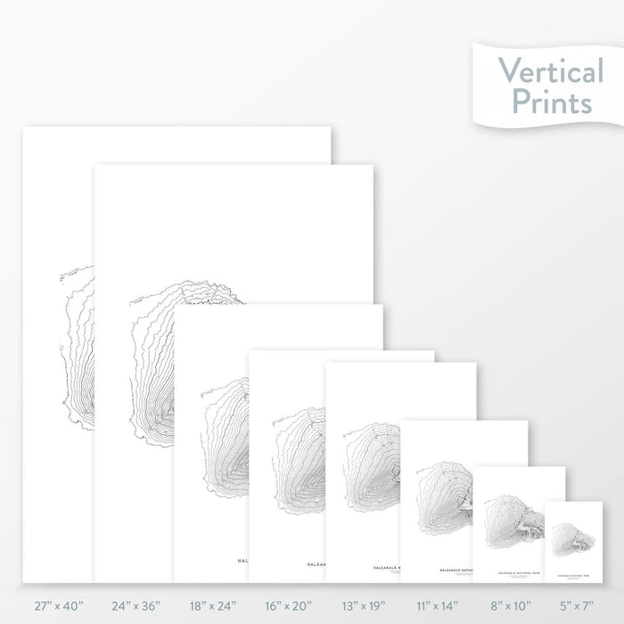 Topographic map art of Haleakala National Park available to buy as posters, framed posters, and wrapped canvas wall art. Sized at 5x7, 8x10, 11x14, 16x20, 18x24, 24x36, and 27x40 inches.