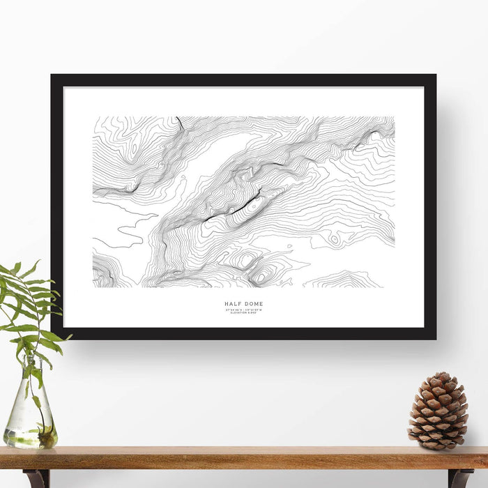 Framed black and white print of Half Dome, Yosemite topography art. Text can be added to create a custom map poster as a travel gift.