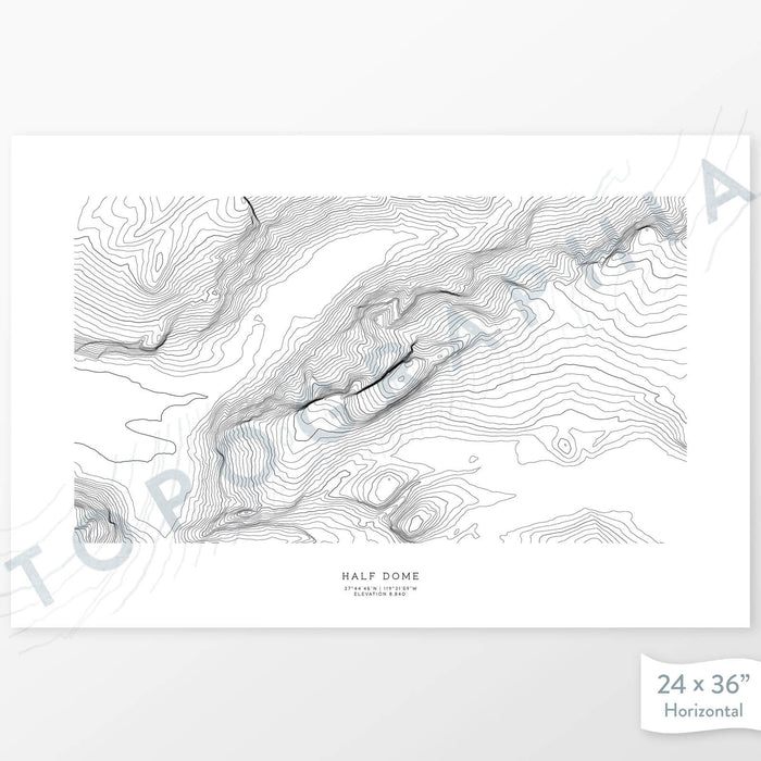 Horizontal custom topo map print of Half Dome, Yosemite. Contour lines show the steep topography of the area. Mountain elevation artwork.
