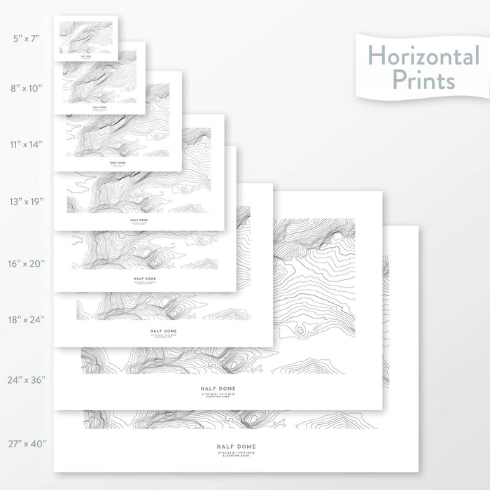 Mountain art of Half Dome, Yosemite. Map wall decor is available in multiple sizes: 5x7, 8x10, 11x14, 16x20, 18x24, 24x36, and 27x40.