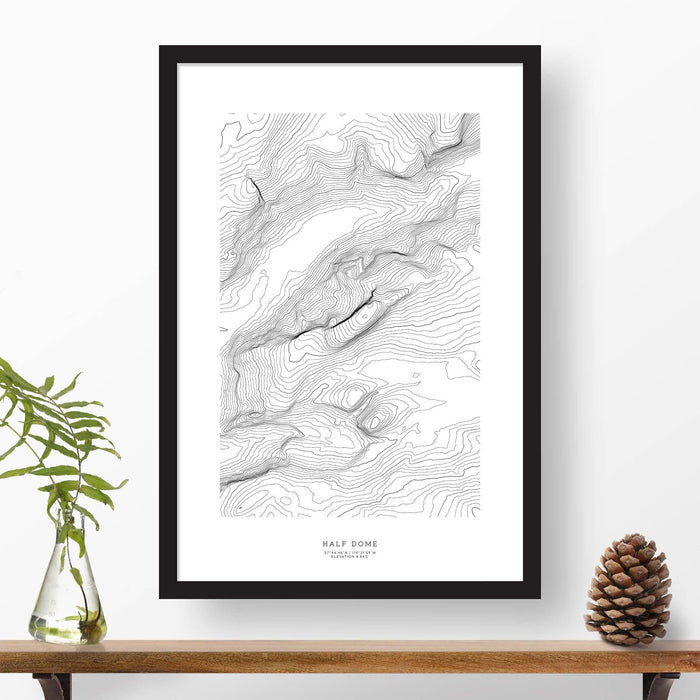 Half Dome, Yosemite topographic map poster, 24 inches by 36 inches, in a vertical orientation, with a black solid wood ready-to-hang frame.
