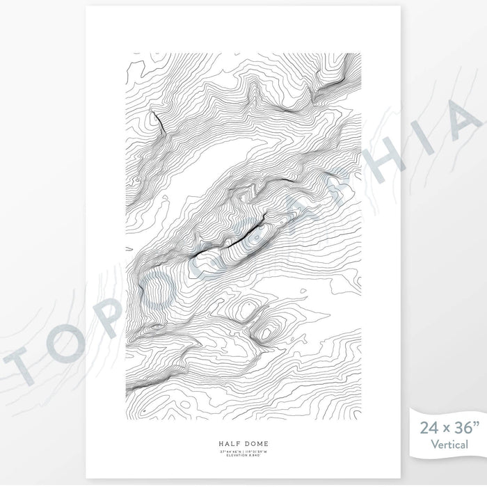 Half Dome, Yosemite poster with topograpy contour lines in black on a white background. Customizable text makes it a great map art gift idea.
