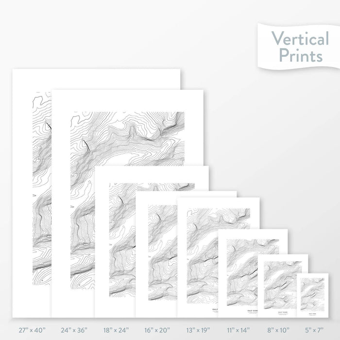 6 sizes of Half Dome, Yosemite, California poster that features a topographic map design.