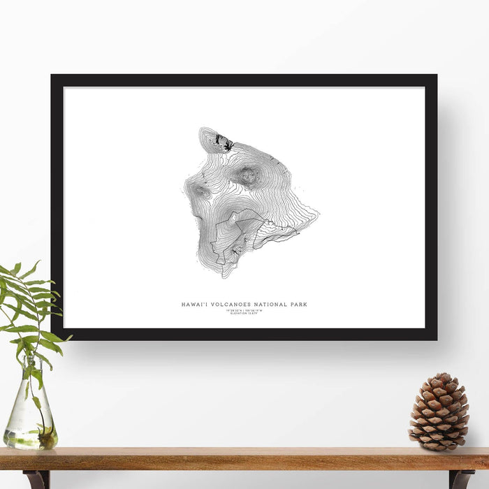 Framed black and white print of Hawai'i Volcanoes National Park with topography art.