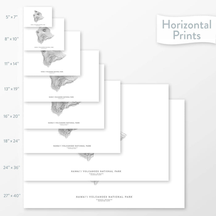 All sizes of horizontal prints for Hawai'i Volcanoes National Park poster with topographic map.