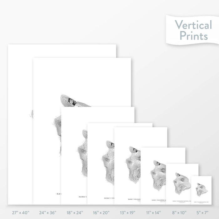 6 sizes of Hawai'i Volcanoes Mountain National Park poster that features a topographic map design.