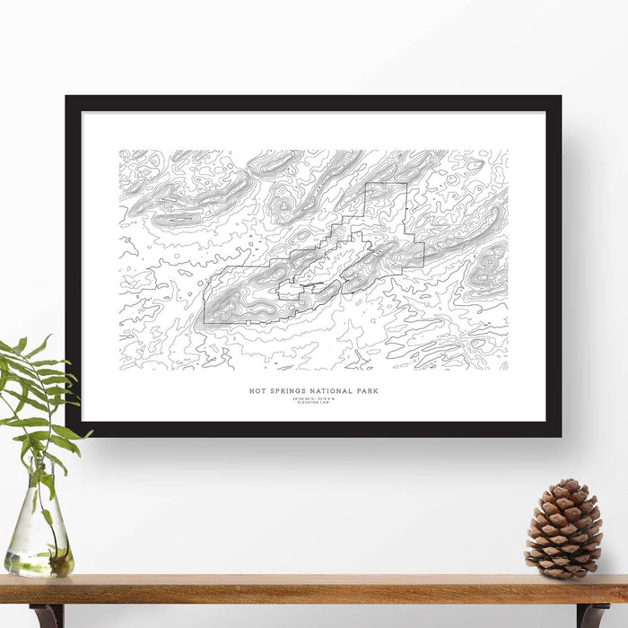 Framed travel art of Hot Springs National Park, featuring topography map art in black and white.
