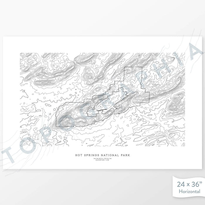 National Park print of Hot Springs National Park with a topographic map. Black contour lines on a white background.