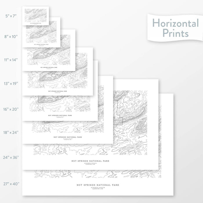 Decorative maps in many sizes of Hot Springs National Park topography: 5x7, 8x10, 11x14, 16x20, 18x24, 24x36, and 27x40.