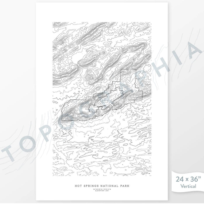 Vertical orientation Hot Springs National Park poster with topographic map design.