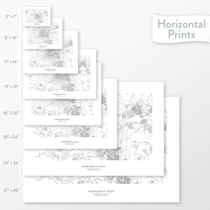 All sizes of horizontal prints for Humphreys Peak, Arizona poster with topographic map.