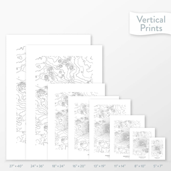 6 sizes of Humphreys Peak poster that features a topographic map design.