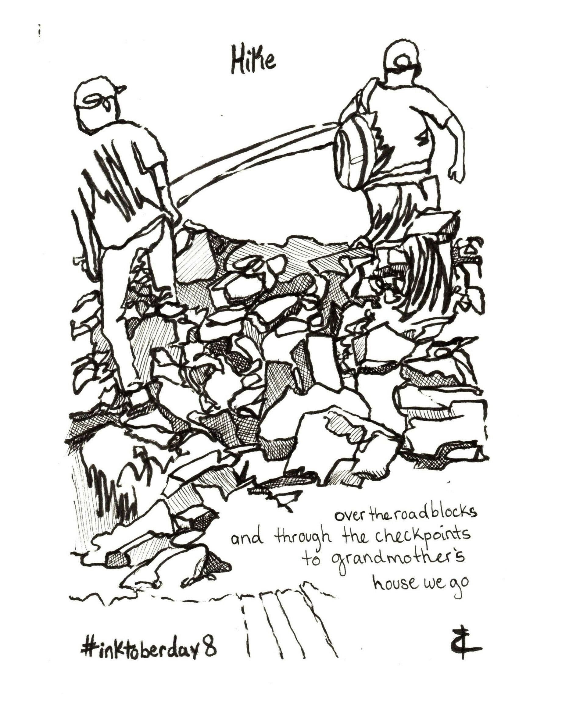 Inktober Line Drawing Illustration Hiking Over Rocks Artis...
