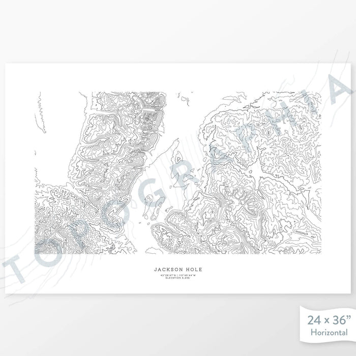 Horizontal custom topo map print of Jackson Hole, WY. Contour lines show the mountain slopes and topography of the area. Mountain elevation artwork.