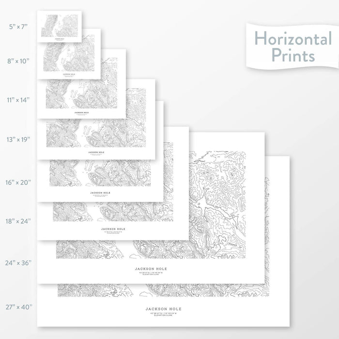 Mountain art of Jackson Hole, Wyoming. Map wall decor is available in multiple sizes: 5x7, 8x10, 11x14, 16x20, 18x24, 24x36, and 27x40.