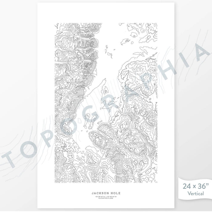 Jackson Hole, Wyoming poster with topograpy contour lines in black on a white background. Customizable text makes it a great map art gift idea.