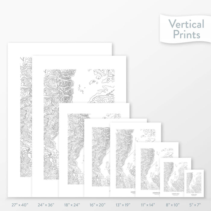 6 sizes of Jackson Hole, Wyoming poster that features a topographic map design.