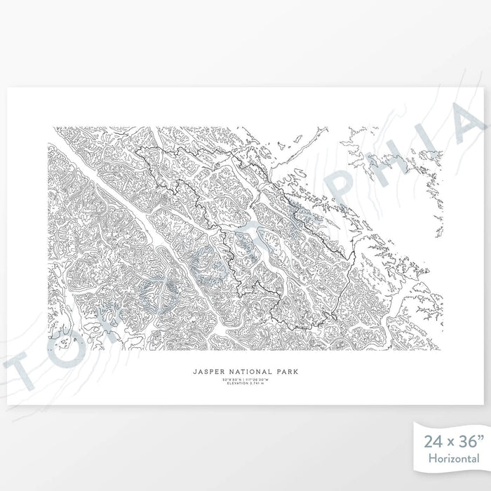 Horizontal custom topo map print of Jasper National Park. Contour lines show the topography of the area. National Park artwork