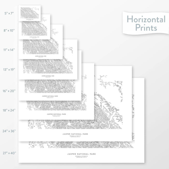 National park art of Jasper. Map wall decor is available in multiple sizes: 5x7, 8x10, 11x14, 16x20, 18x24, 24x36, and 27x40.