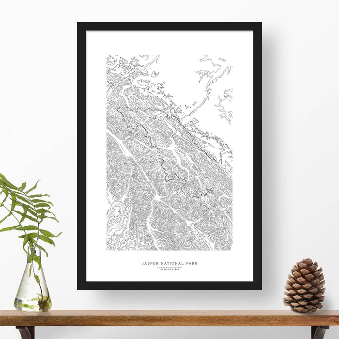 Jasper National Park topographic map poster, 24 inches by 36 inches, in a vertical orientation, with a black solid wood ready-to-hang frame.