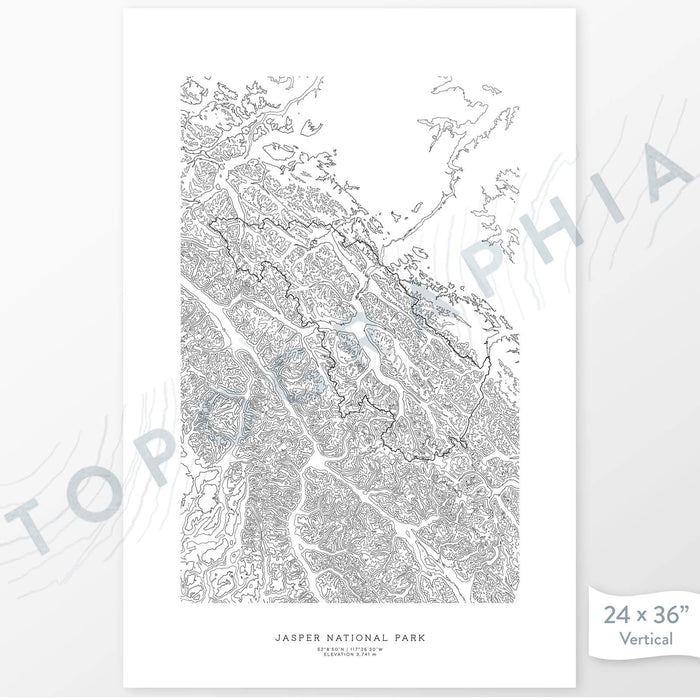 Jasper National Park poster with topograpy contour lines in black on a white background. Customizable text makes it a great map art gift idea.