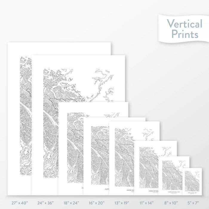 6 sizes of Jasper National Park poster that features a topographic map design.