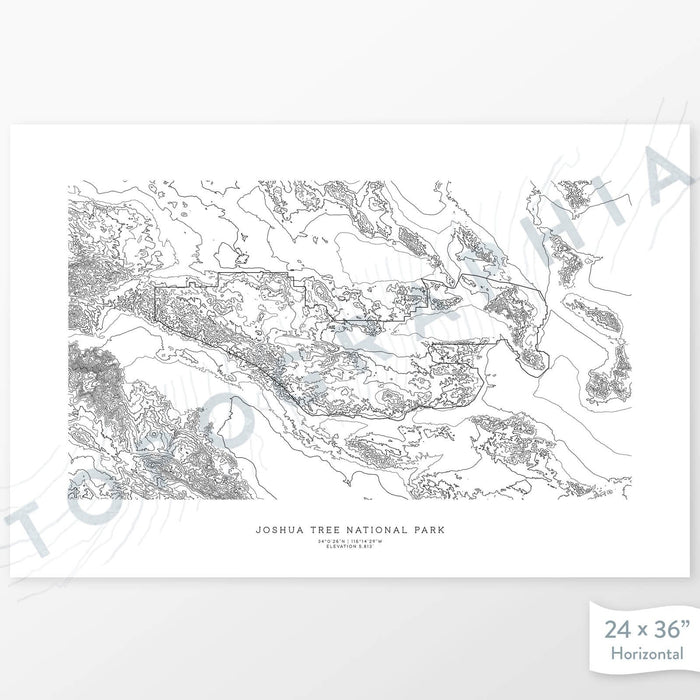 Map wall decor of Joshua Tree National Park with modern map art in black and white.