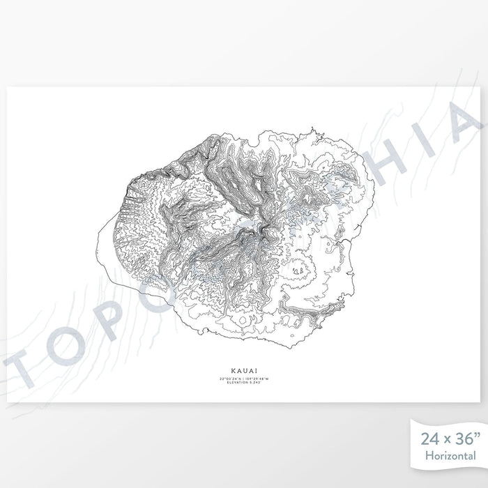 Horizontal custom topo map print of Kauai, Hawai'i. Contour lines show the mountain and island topography of the area.