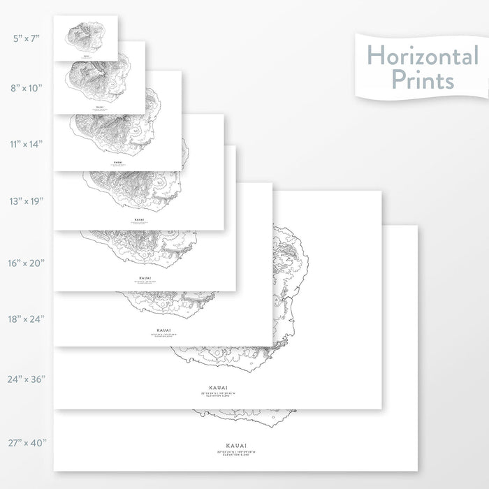 Topographic map art of Kauai, Hawaii. Map wall decor is available in multiple sizes: 5x7, 8x10, 11x14, 16x20, 18x24, 24x36, and 27x40.