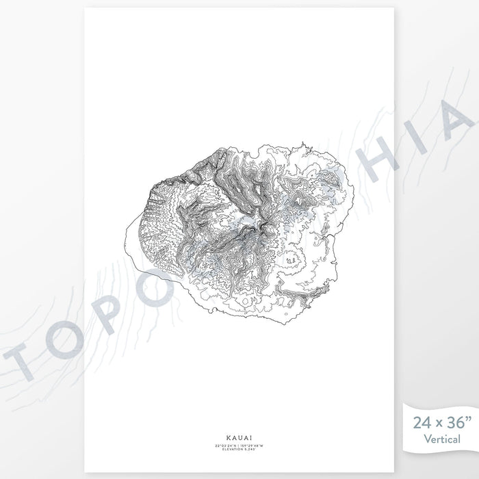 Example art map print of Kauai, Hawaii. Art uses verticle orientation. Print shows landscape of the area using elevation data. On the artwork is a title and concise info of location and elevation. Custom map decor