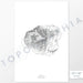 Example art map print of Kauai, Hawaii. Art uses verticle orientation. Print shows landscape of the area using elevation data. On the artwork is a title and concise info of location and elevation. Custom map decor
