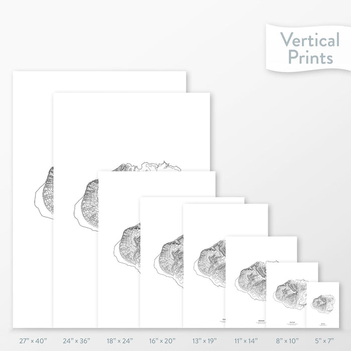 Available sizes for Kauai, Hawai'i topographic maps. 5x7, 8x10, 11x14, 16x20, 18x24, 24x36, and 27x40 posters shown. as black and white prints on a gray background.