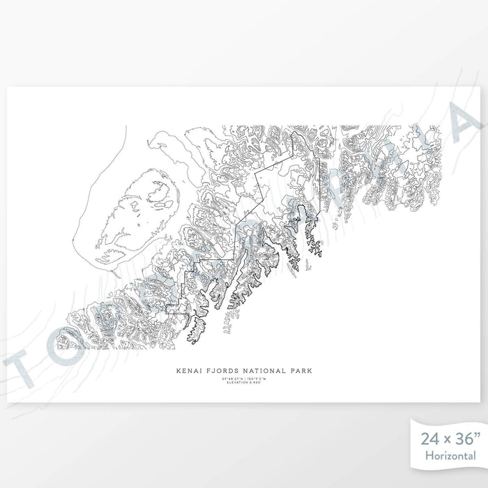 Horizontal custom topo map print of Kenai Fjords National Park. Contour lines show the steep topography of the area. National Park artwork.