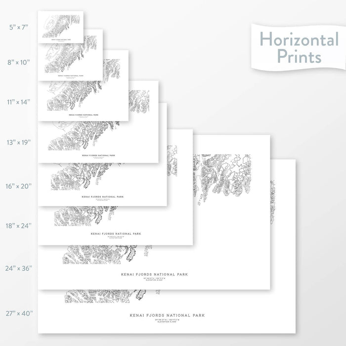 National park art of Kenai Fjords. Map wall decor is available in multiple sizes: 5x7, 8x10, 11x14, 16x20, 18x24, 24x36, and 27x40.