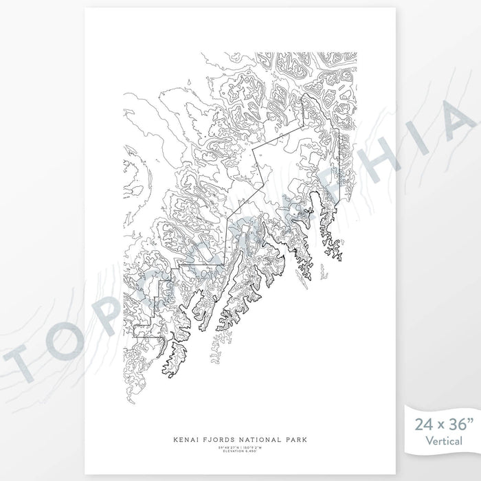 Example art map print of Kenai Fjords National Park. Art uses verticle orientation. Print shows landscape of the area using elevation data. On the artwork is a title and concise info of location and elevation. Custom map decor