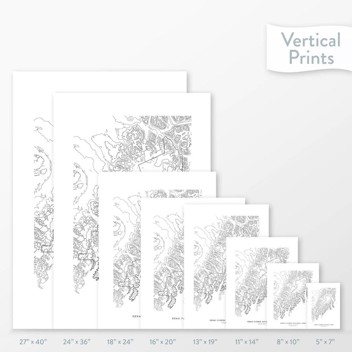 Topographic map art of Kenai Fjords National Park available to buy as posters, framed posters, and wrapped canvas wall art. Sized at 5x7, 8x10, 11x14, 16x20, 18x24, 24x36, and 27x40 inches.