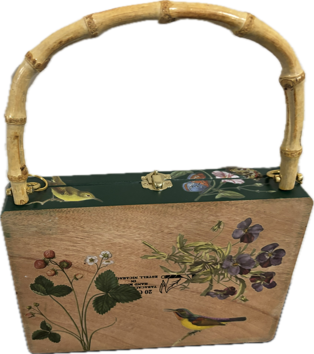Handmade Cigar Box Purse - Floral Upcycled Evening Bag, Bamboo Handle, Unique Vintage Style Pocketbook