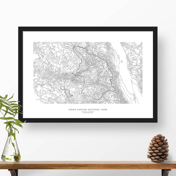 Kings Canyon National Park topographic map art poster with black frame.