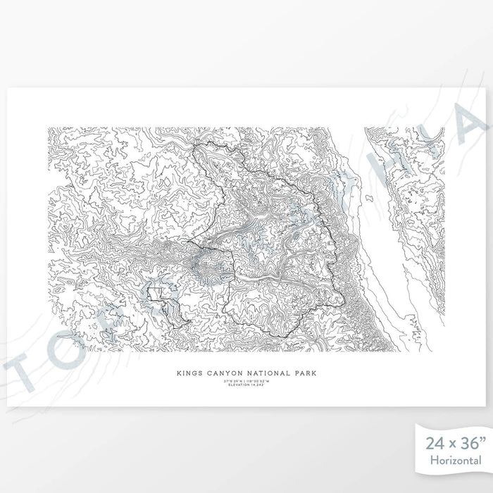 Horizontal Kings Canyon National Park poster with topography.