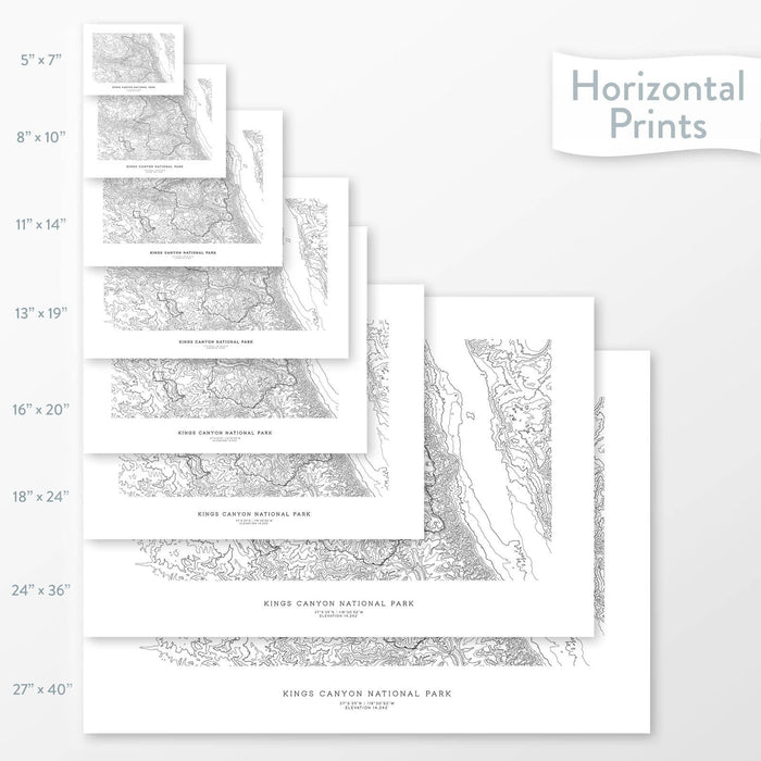 All sizes of horizontal prints for Kings Canyon National Park poster with topographic map.