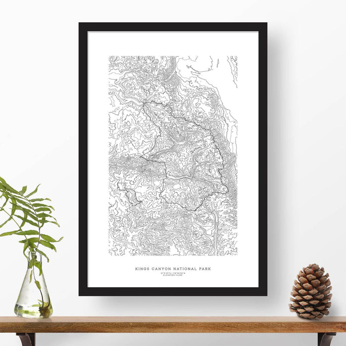 Kings Canyon National Park topographic map poster, 24 inches by 36 inches, in a vertical orientation, with a black solid wood ready-to-hang frame.