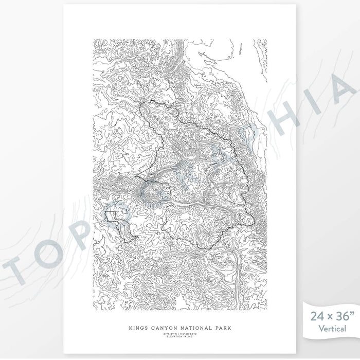 Kings Canyon National Park poster with black and white contour lines to represent topography