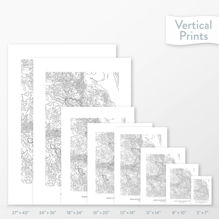 6 sizes of Kings Canyon National Park poster that features a topographic map design.